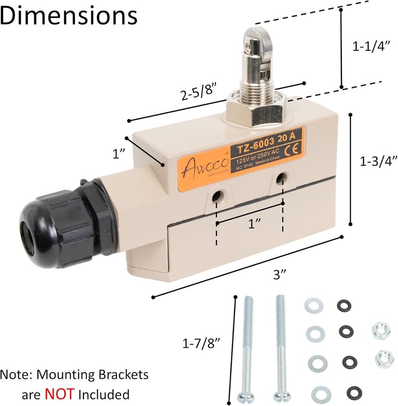 Awoco Heavy Duty Commercial Door Micro Switch with Cross Roller Plunger for Air Curtains, 250V 20A IP 65 Limit Switch Type NO and Type NC (TZ-6003-20A) - Image 3